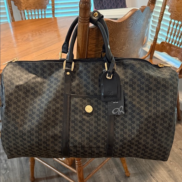 NWT Rioni Dark Brown and Gold Large Leather Luxury Duffel Bag 13x20x10 Travel - Picture 1 of 11